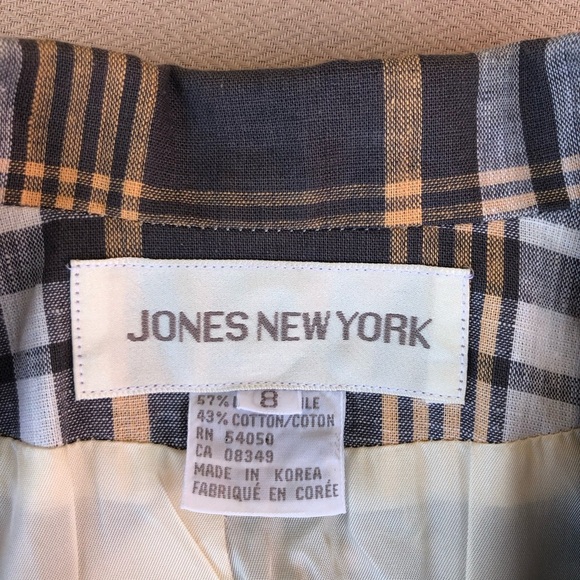 Jones New York Vintage Korea Made Linen Cotton Blend Gray Cream Plaid jacket 8 - Picture 8 of 15